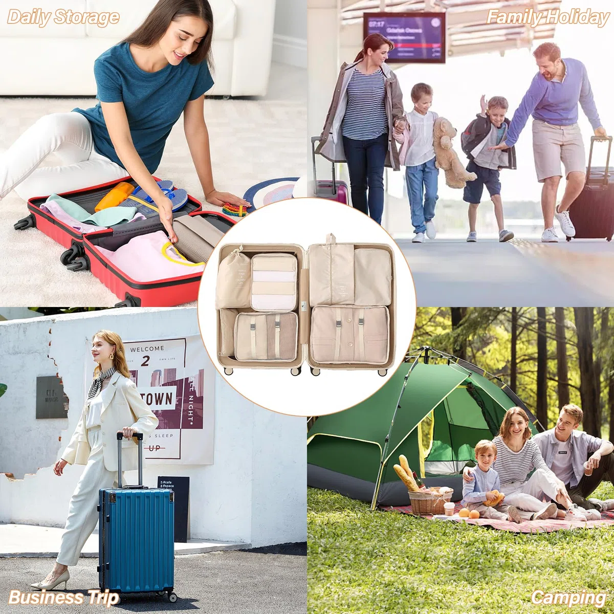 10 Pezzi Organizer Valigia Salvaspazio (Beige) – Set Packing Cubes, Organizer Valigie per Viaggi, Accessori Utili per Vacanze e Classificazione Abbigliamento Intimo e Calzature