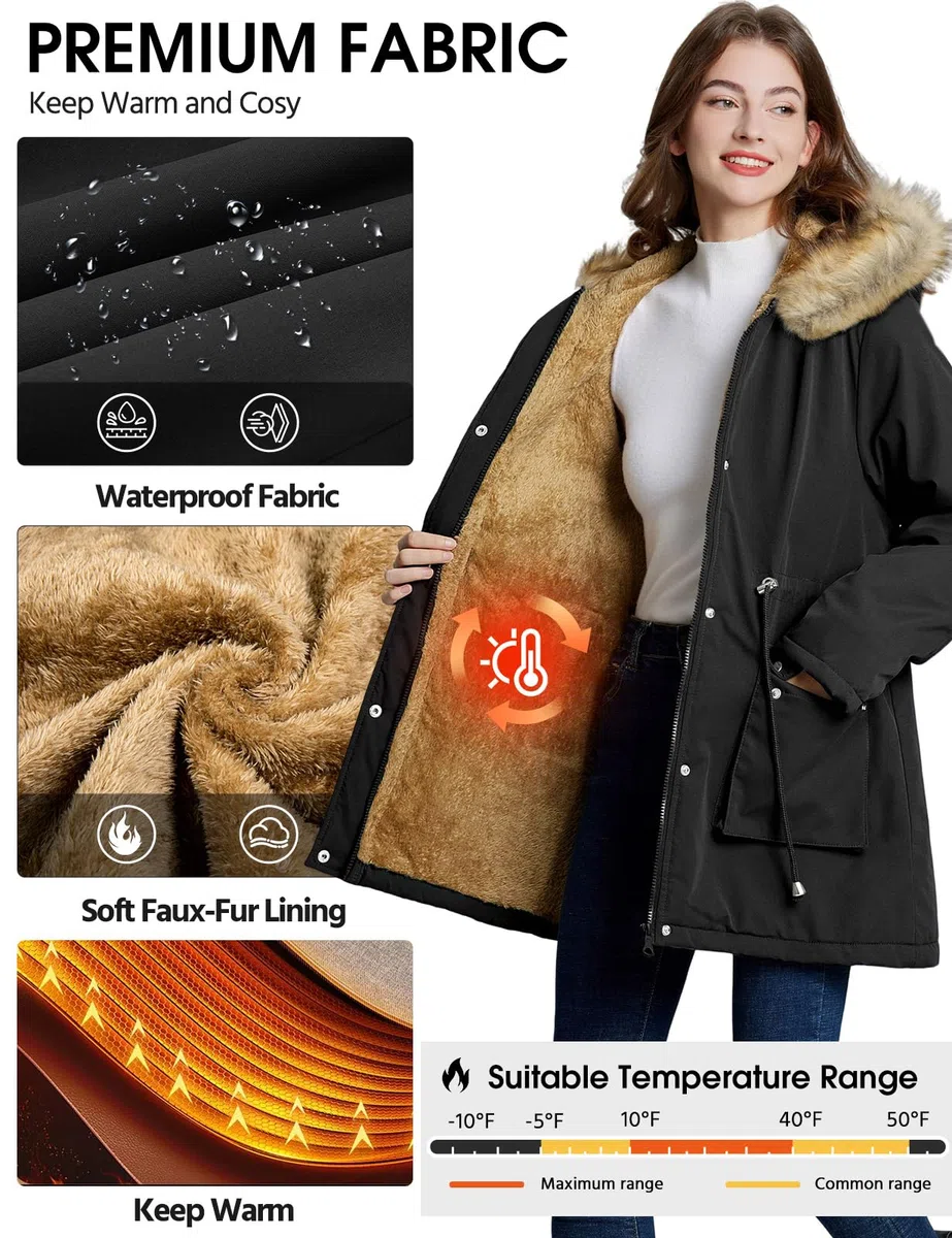 Xnova Cappotto Donna Invernale, Parka Impermeabile con Cappuccio Antivento, Media Lugghezza Giacca Foderato in Pile Pelliccia Sintetica Caldo ed Elegante Cappotti per Outdoor Autunno Inverno