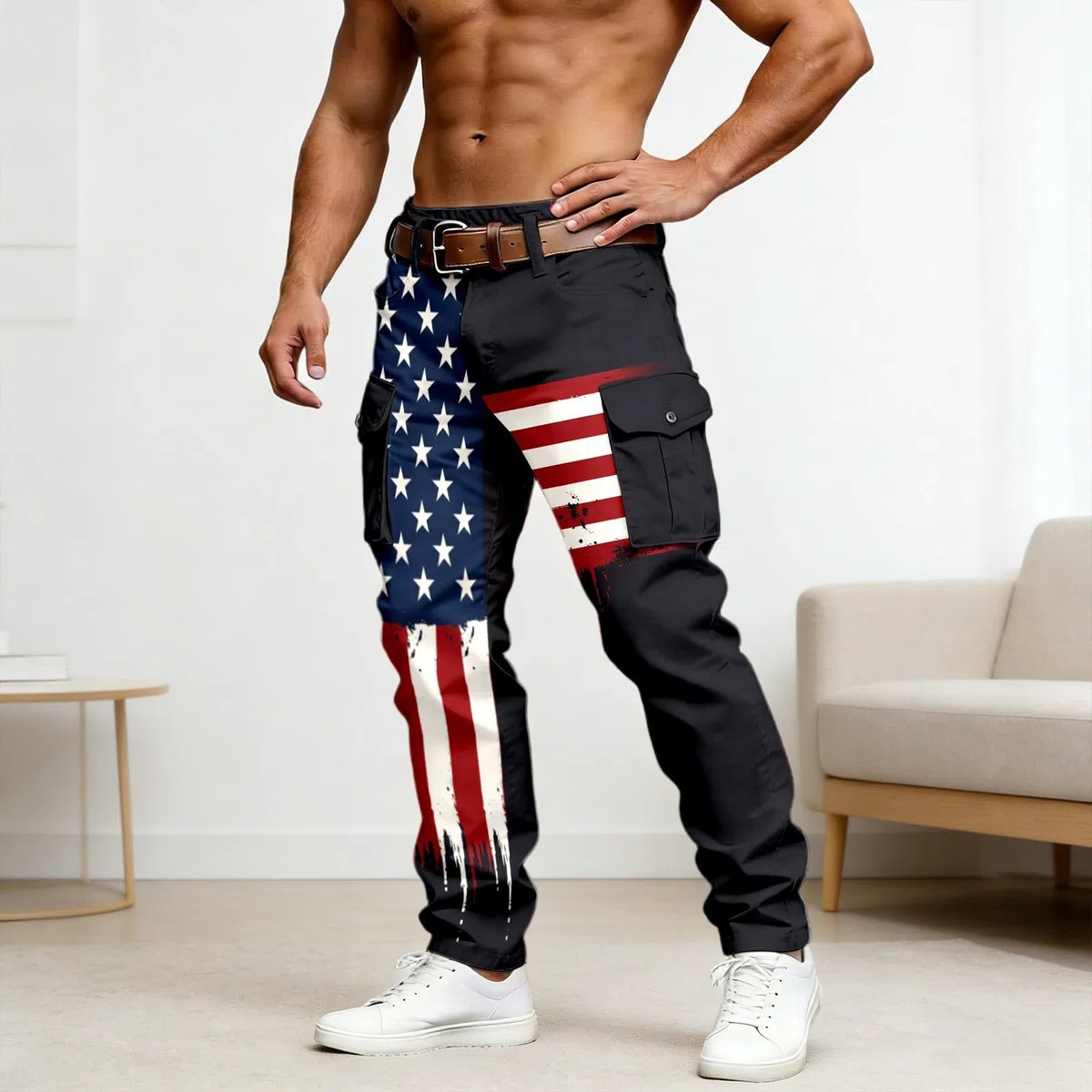Pantaloni sportivi da uomo con bandiera americana, pantaloni lunghi con tasche, pantaloni sportivi estivi, tasche laterali, pantaloni per il tempo libero, palestra, allenamento