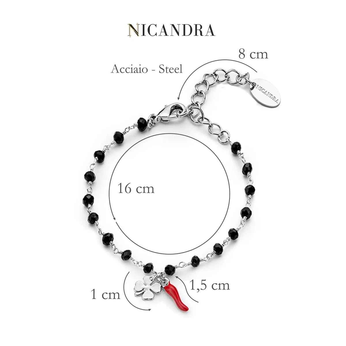 Bracciale Donna Oro o Argento - Gioiello con Ciondolo Portafortuna Cornetto Rosso e Quadrifoglio in Acciaio Inossidabile - Realizzato a Mano Regolabile da 16 a 22 cm - Made in Italy