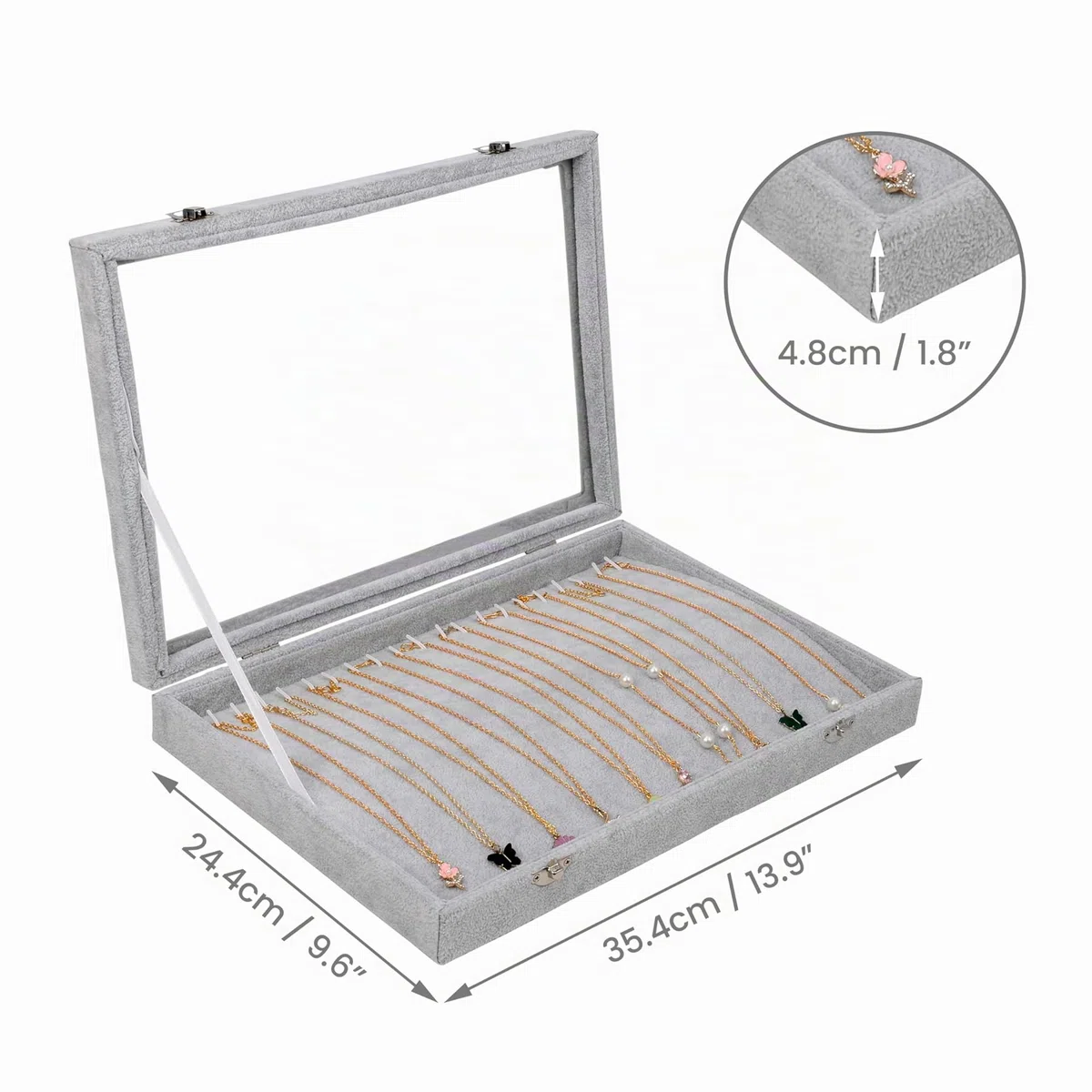 BELLE VOUS Porta Collane da Tavolo Espositore Gioielli Velluto Grigio - 20 Ganci e Coperchio in Vetro Chiusura a Chiave - Porta Gioielli Donna Impilabile - Espositore Collane, Orecchini e Bracciali