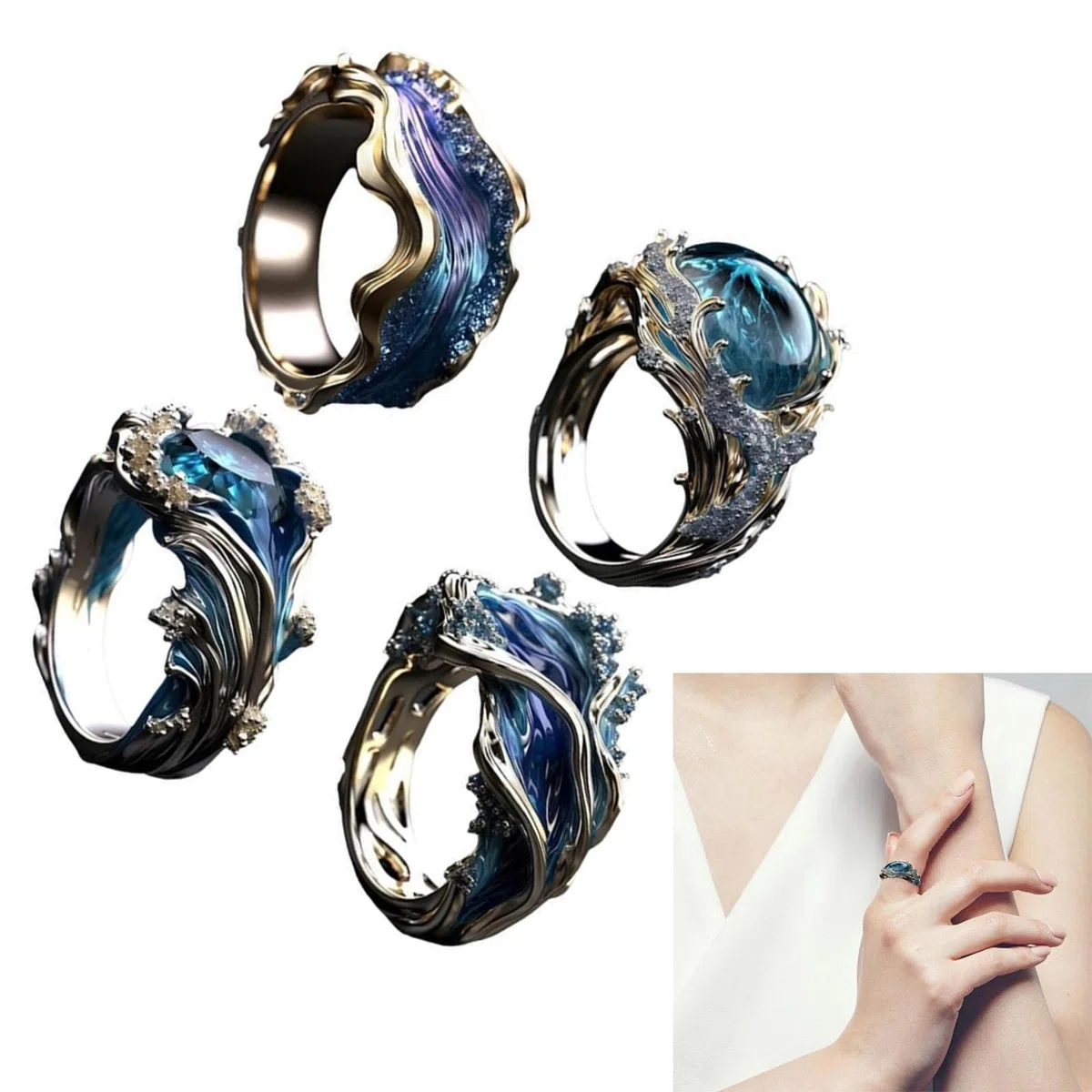 Anelli Regolabili con Onde oceaniche, Design Eleganti Ispirati al Mare, in Lega Robusta, Realizzati in Resina, Regali per Le Donne