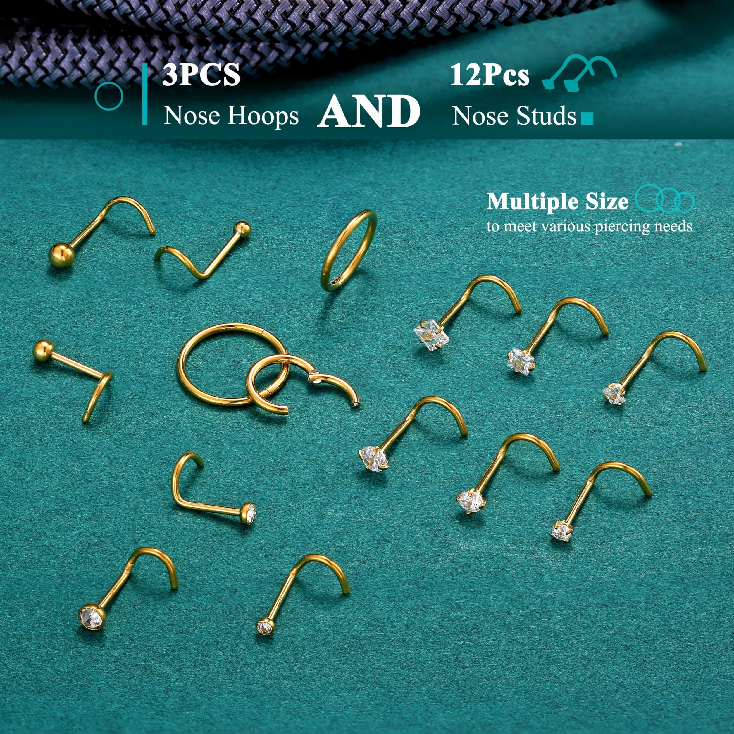 FIOROYAL 20G Piercing Naso Placcato in Oro 14K,L Spirale Piercing Naso Acciaio Chirurgico,18G Piercing Naso Cerchio Anello,CZ Piercing Naso Brillantino,6/8/10mm Orecchini Naso,Nostril Piercing Oro