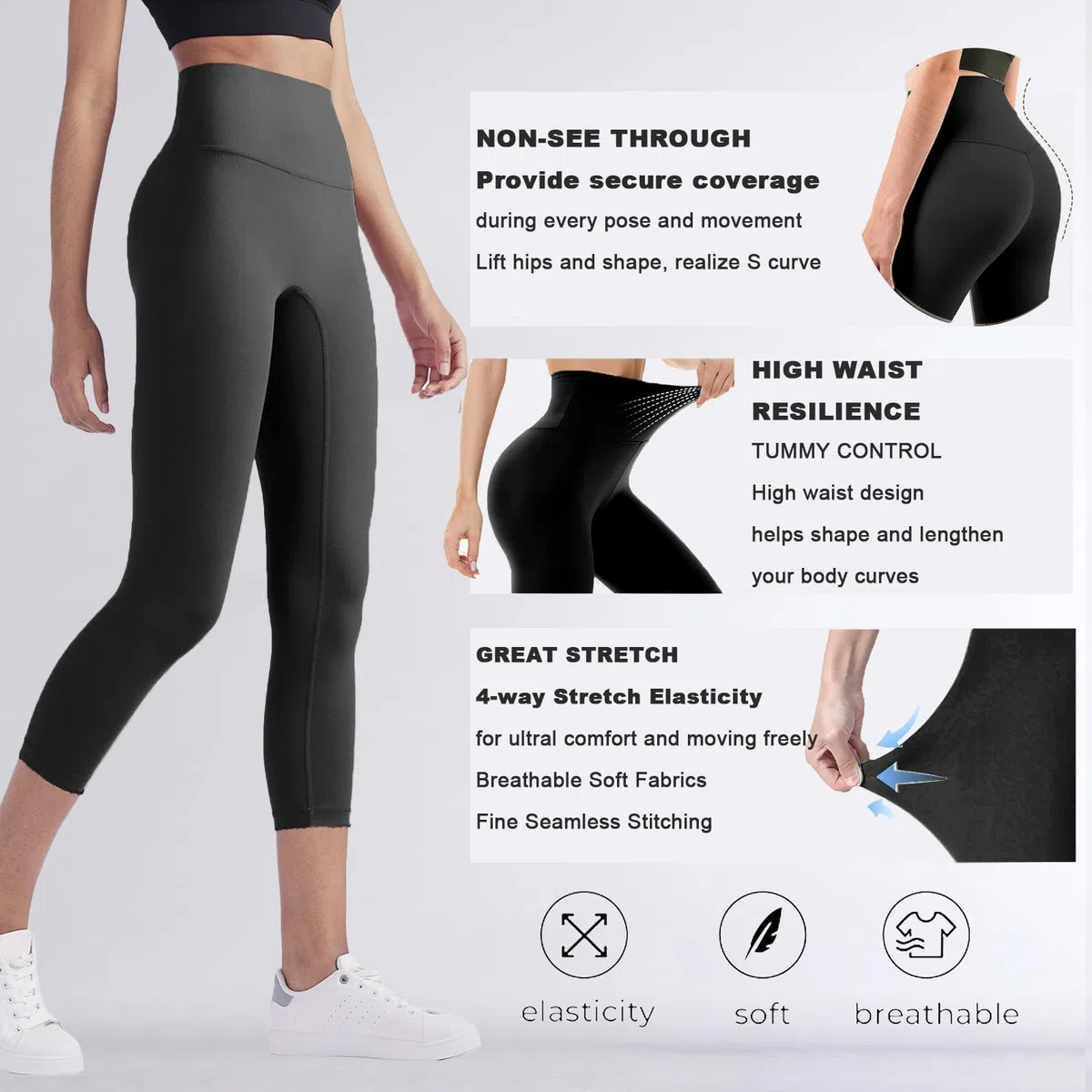Leggins Sportivi Donna Push Up 3/4 Leggings Palestra Vita Alta Pantaloni Fitness Yoga Elasticizzati Anticellulite Pantaloni con Tasche per Pilates Sport Gym Running Tempo Libero, Jogging
