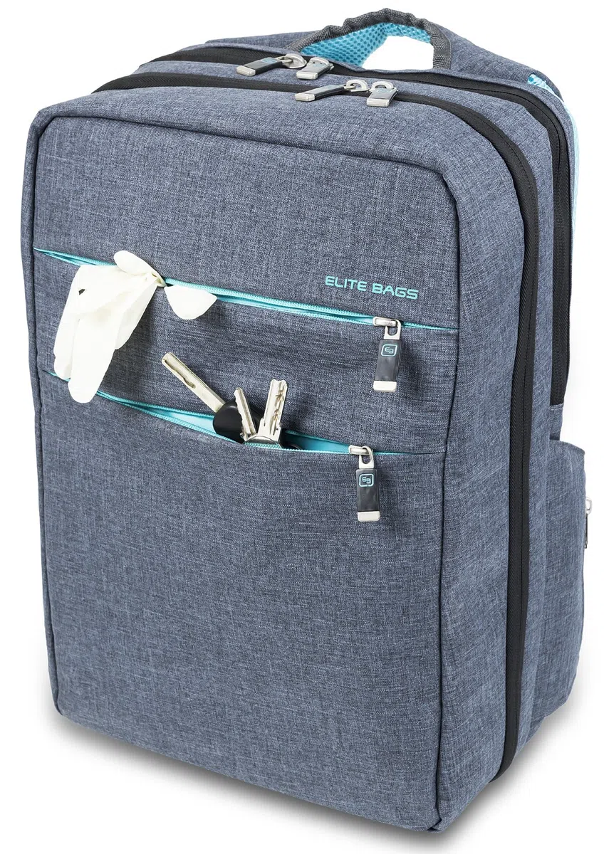 ELITE BAGS, Zaino Emergenza, City's, 40 x 28 x 14 cm, Idrorepellente, Base antiscivolo, Borsa pronto soccorso vuota, Zaino per traumi, Kit di emergenza medica, Biotono, Grigio e blu