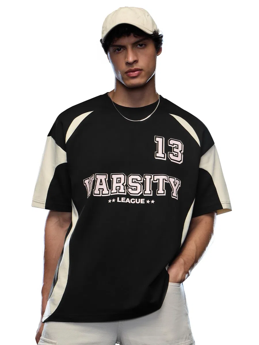 The Souled Store Maglietta Colourblock: Varsity League Uomo e Ragazzo Maniche Corte Girocollo Nero Stampa Grafica Cotone Oversize T-shirt