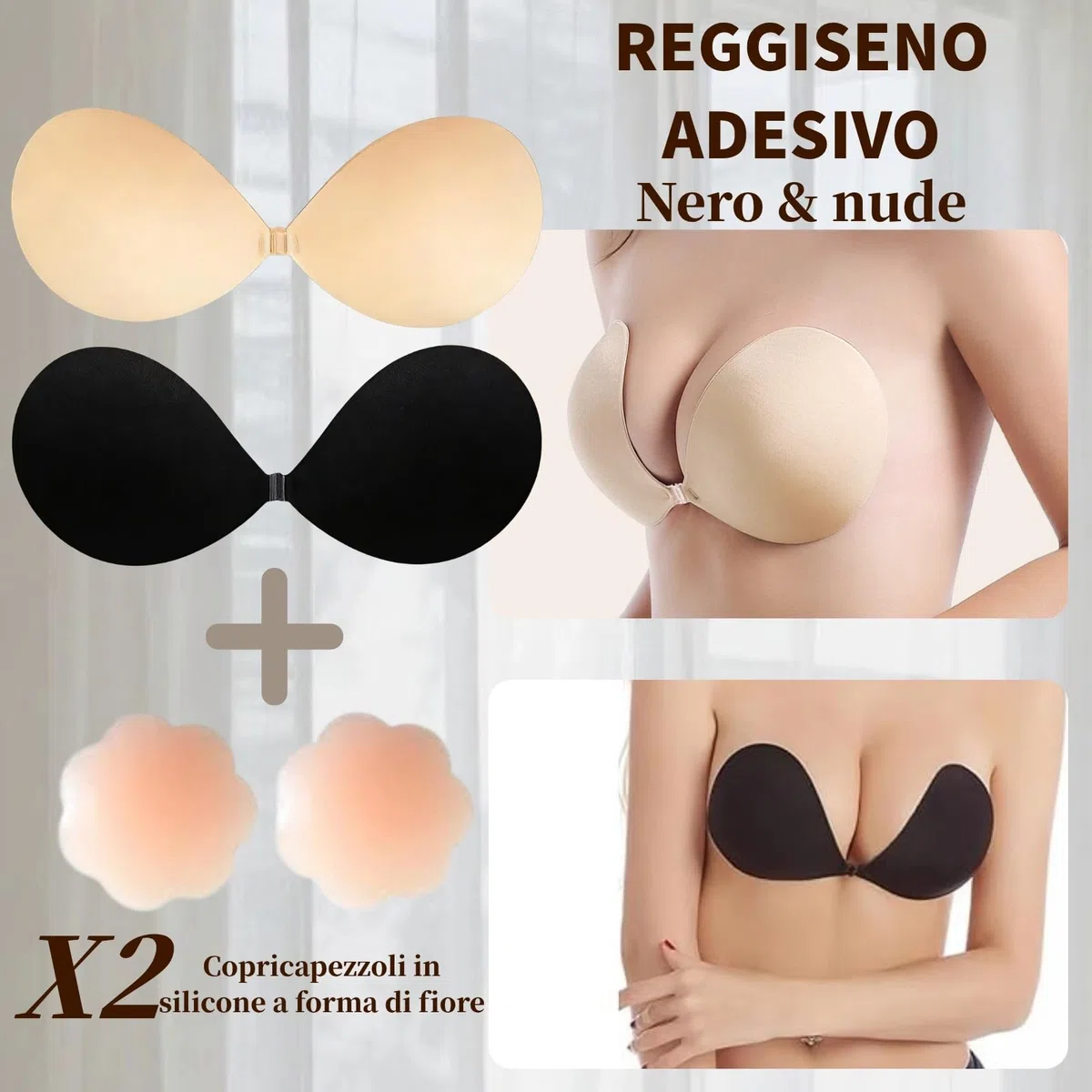 Dresmannst Reggiseno Push Up Senza Spalline per Schiena Scoperta Invisibile Reggiseni con 4 Copri Capezzoli Adesivi Coppe Adesive Seno Sticky Women Bra