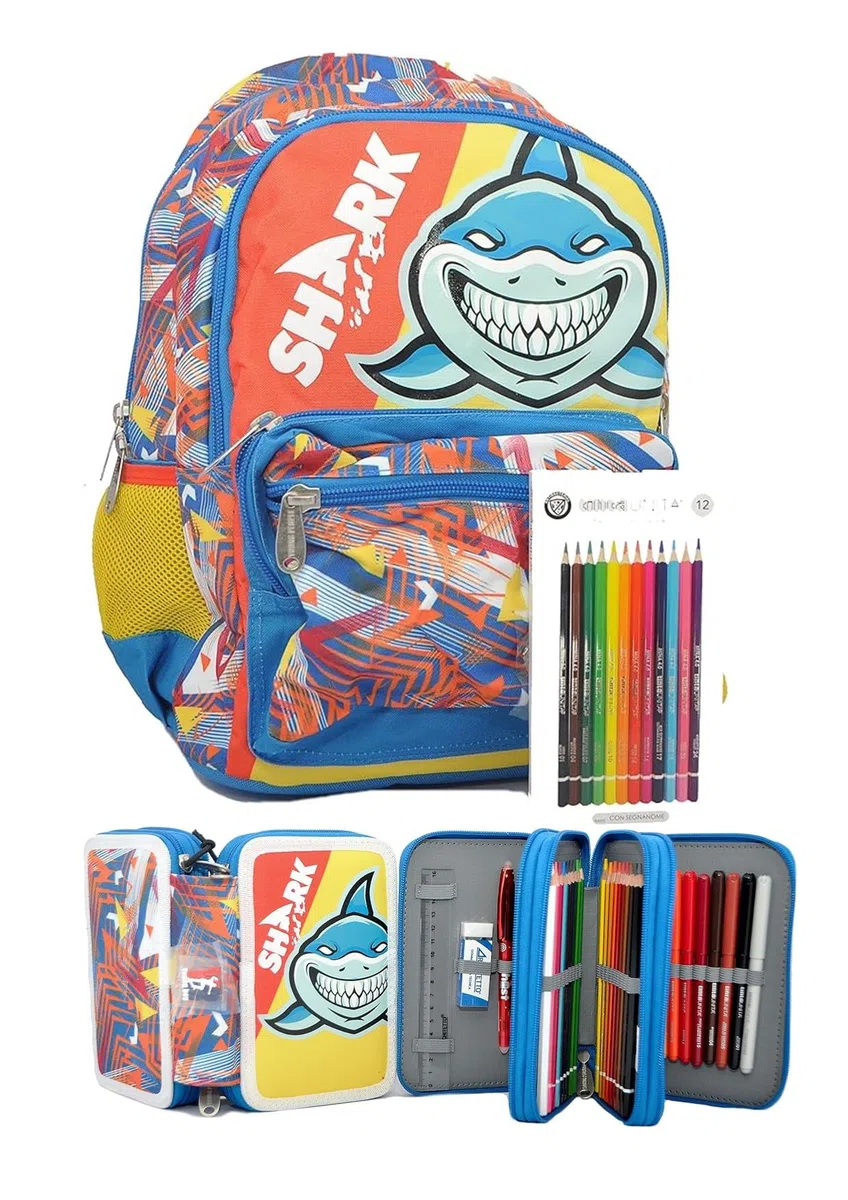 Generico ZAINO TINTA UNITA STARTER SHARK BOY 25LT + ASTUCCIO 3 ZIP COMPLETO DI COLORI