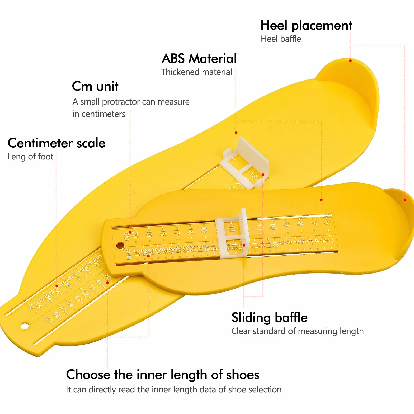 Winfred Misuratore del Piede, Leggero Scarpa Piedi Misuratore Dispositivo di Misurazione Del Piede Righello, Misuratore Piede per Scarpe, 2 Pezzi per Adulti e Bambini (giallo)