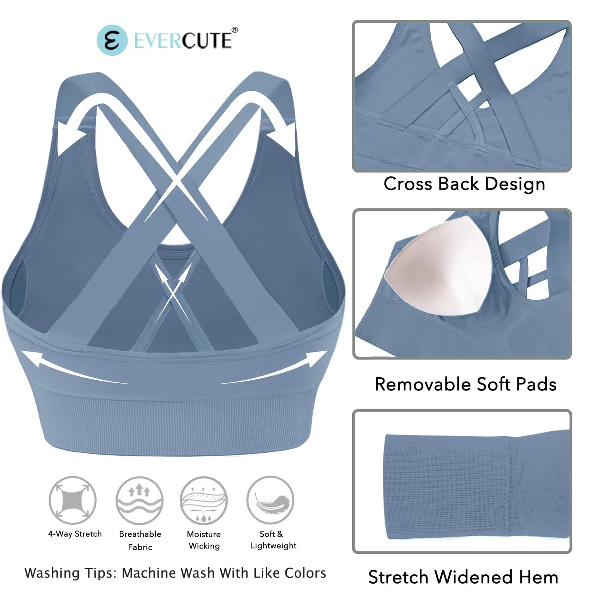Evercute, Reggiseno Sportivo da Donna, Imbottito, a Sostegno Medio, con Spalline Incrociate, Senza Cuciture, per Yoga, Atletica ed Esercizi ad Alto Impatto