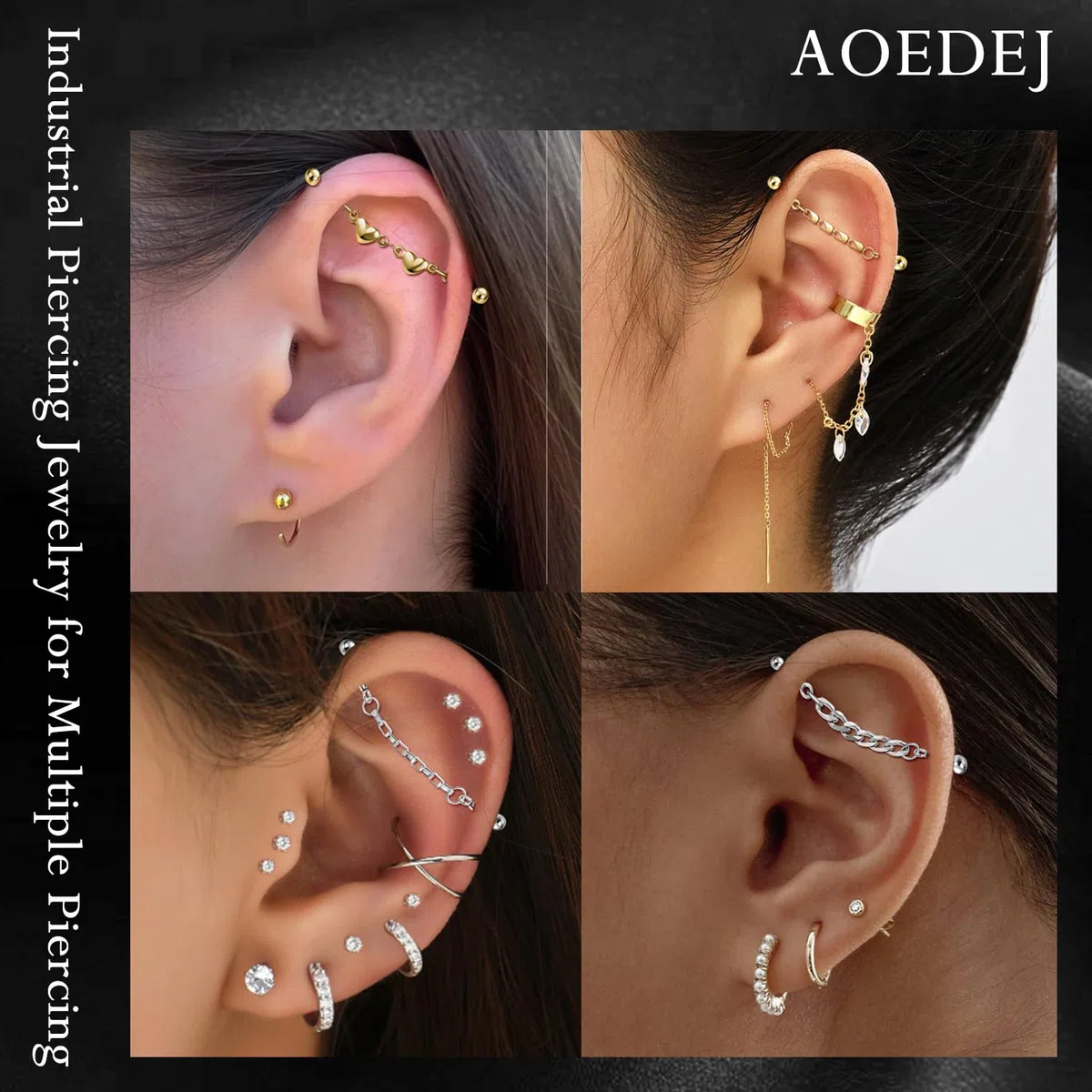 AoedeJ 4Pcs 14G piercing industriale gioielli catena oro industriale bilanciere 316L acciaio chirurgico ipoallergenico cartilagine Helix orecchini per donne uomini