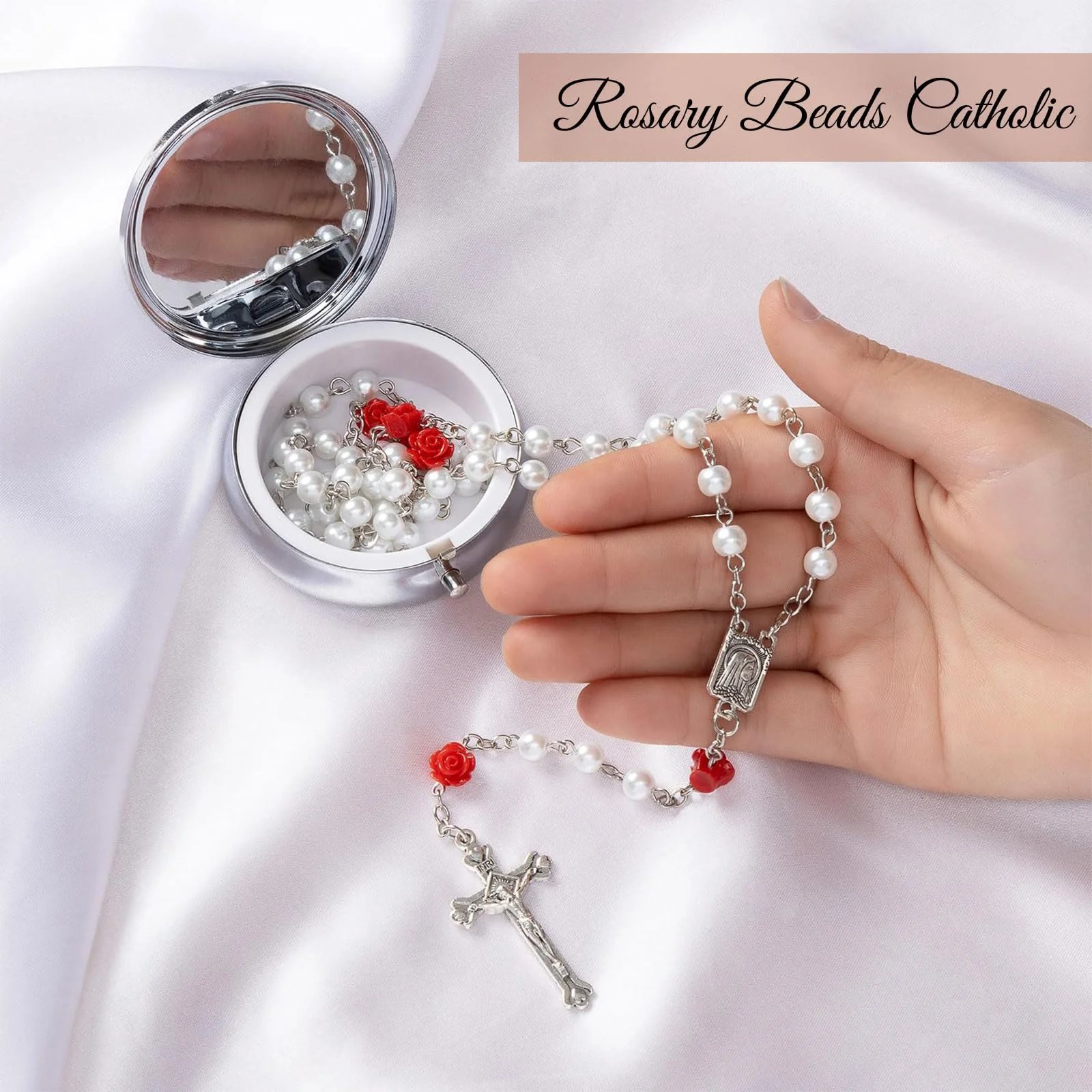 GlamRays Rosariene Pearls Catholic Confirmation Gifts for Teenage Girls Silver Simple Style Metal Gift Box White Imitation Pearl Rosary