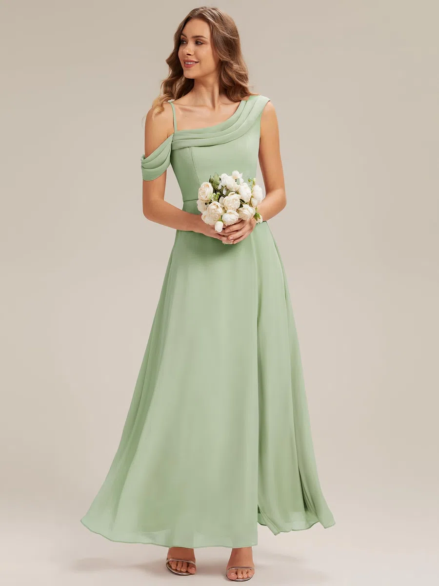 Ever-Pretty Abiti da Damigella Collo Asimmetrico Maniche Corte Chiffon Maxi Gonna Svasata ES02704