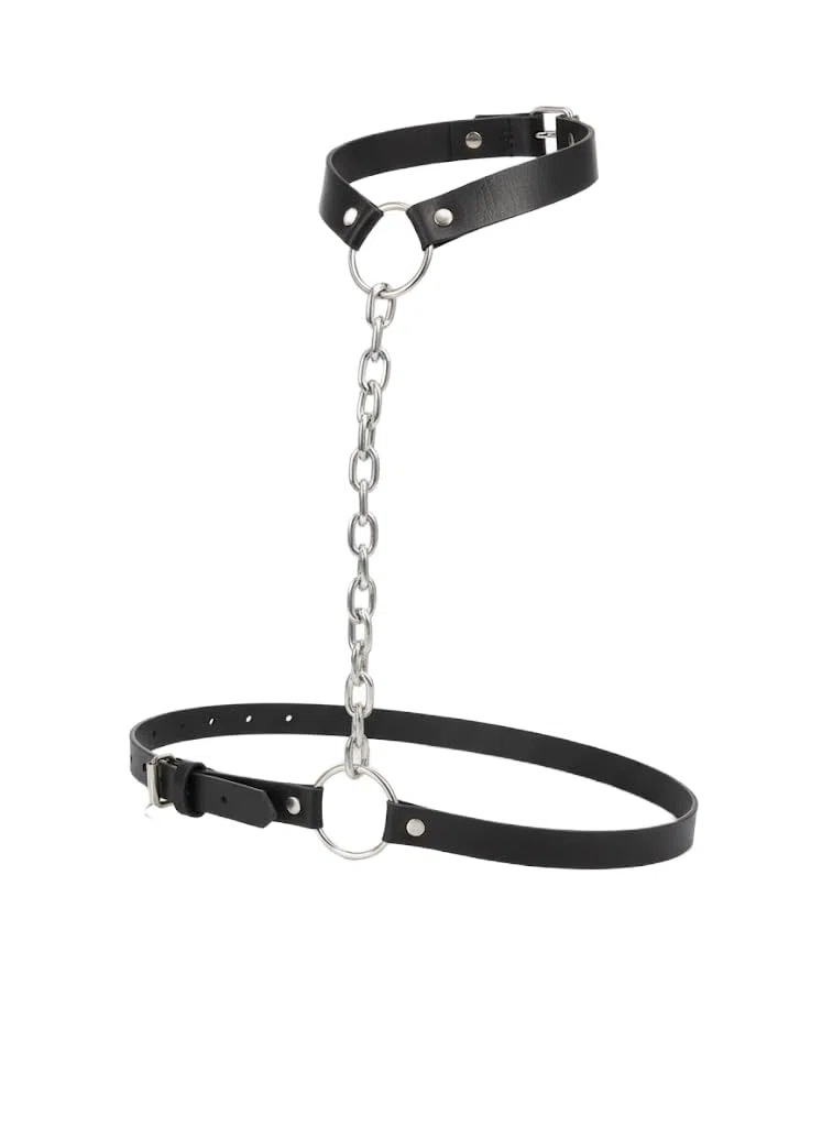 Collana Pettorina Pelle Nera Punk Gotico Imbracatura Petto Cinghia In Vita Harness Collarino Con Catena Acciaio ET154
