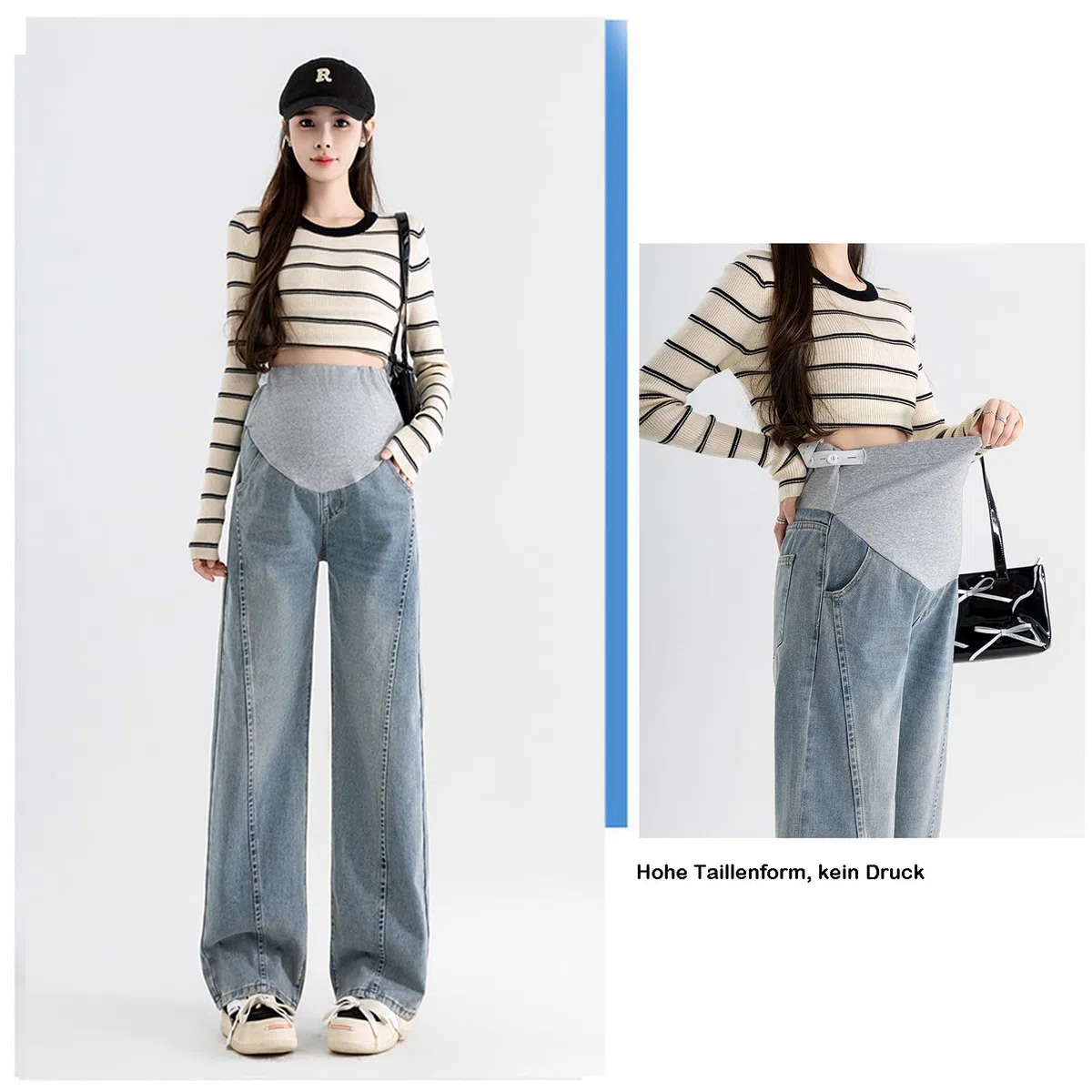 Jeans in gravidanza prima e dopo la nascita: stretta e larga, vestibilità larga, morbido denim con fascia regolabile – per donne sotto i 170 cm, con pratiche tasche