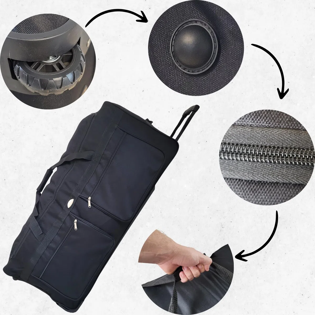 Borsone da Viaggio con Ruote 90 cm – XXL Grande Capacità, Nylon 900D Ultra Resistente e Leggero, con Maniglia Telescopica, Tasche Zip, Perfetto per Viaggi, Sport e Weekend