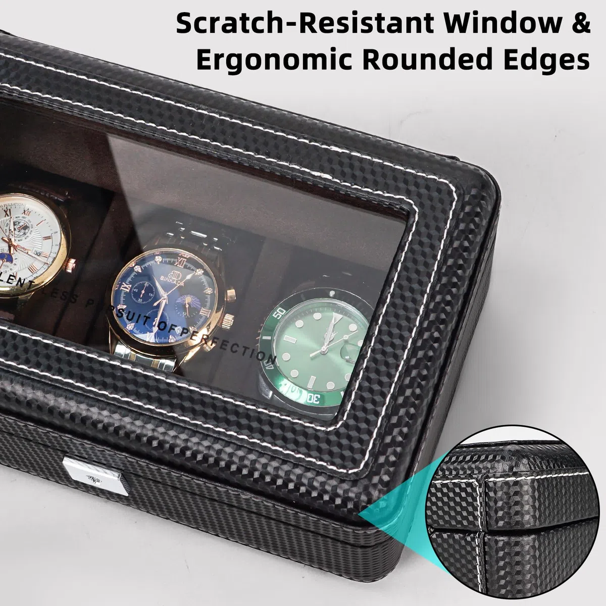 Scatola per orologi in pelle di alta qualità in fibra di carbonio per 3 orologi, con serratura, portatile, con vetrina, regalo ideale per collezionisti di orologi, viaggiatori, in velluto