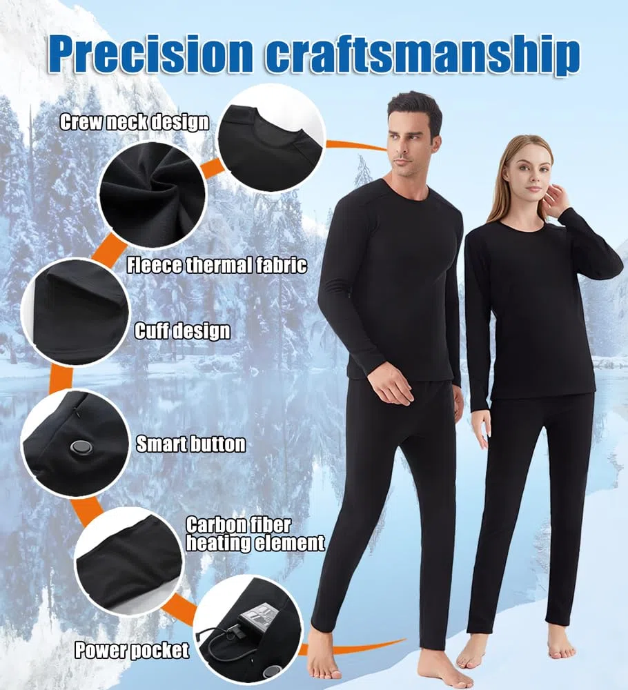 Biancheria intima unisex riscaldata,Zona 26 Top termico riscaldato, pantaloni con 16 zone,Interfaccia di alimentazione USB/DC,3 impostazioni di temperatura, adatta per campeggio ed escursionismo