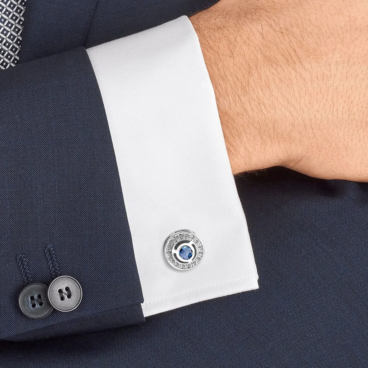 Gemelli Uomo in cristallo blu Navy Argento, Mr.Van Circle Gemelli Classico per Affari Festa di nozze Stile elegante