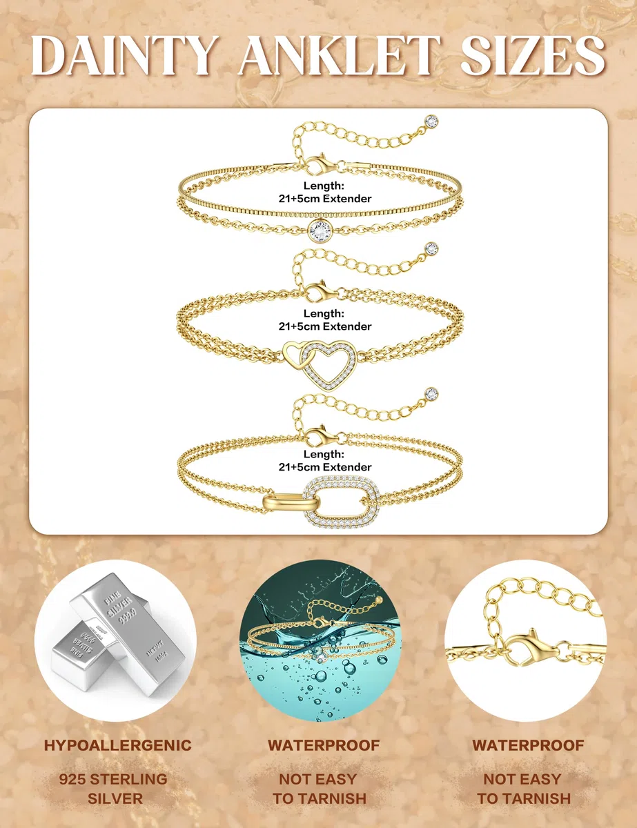 MILACOLATO Cavigliera Donna Argento 925 Delicato CZ Graffetta Cuore Strato Impermeabile Cavigliere Oro Regolabili Extra Large Cavigliera Gioielli per Piedi da Spiaggia