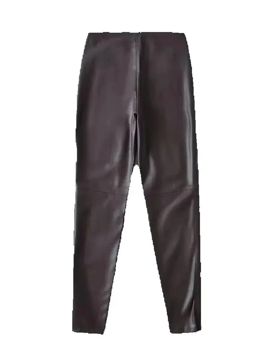 Pantaloni a matita skinny con bottoni in PU vintage da donna, eleganti pantaloni a vita alta in similpelle autunnali 1 pezzo Per Donna