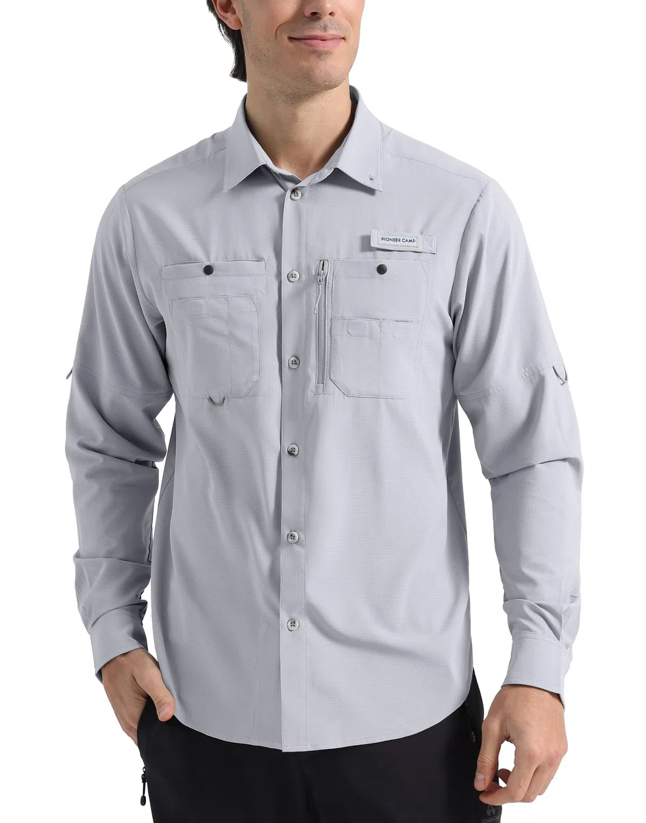 Pioneer Camp Camicie da pesca da uomo a maniche lunghe UPF50+ protezione solare UV Button Down camicie ad asciugatura rapida raffreddamento per escursioni safari
