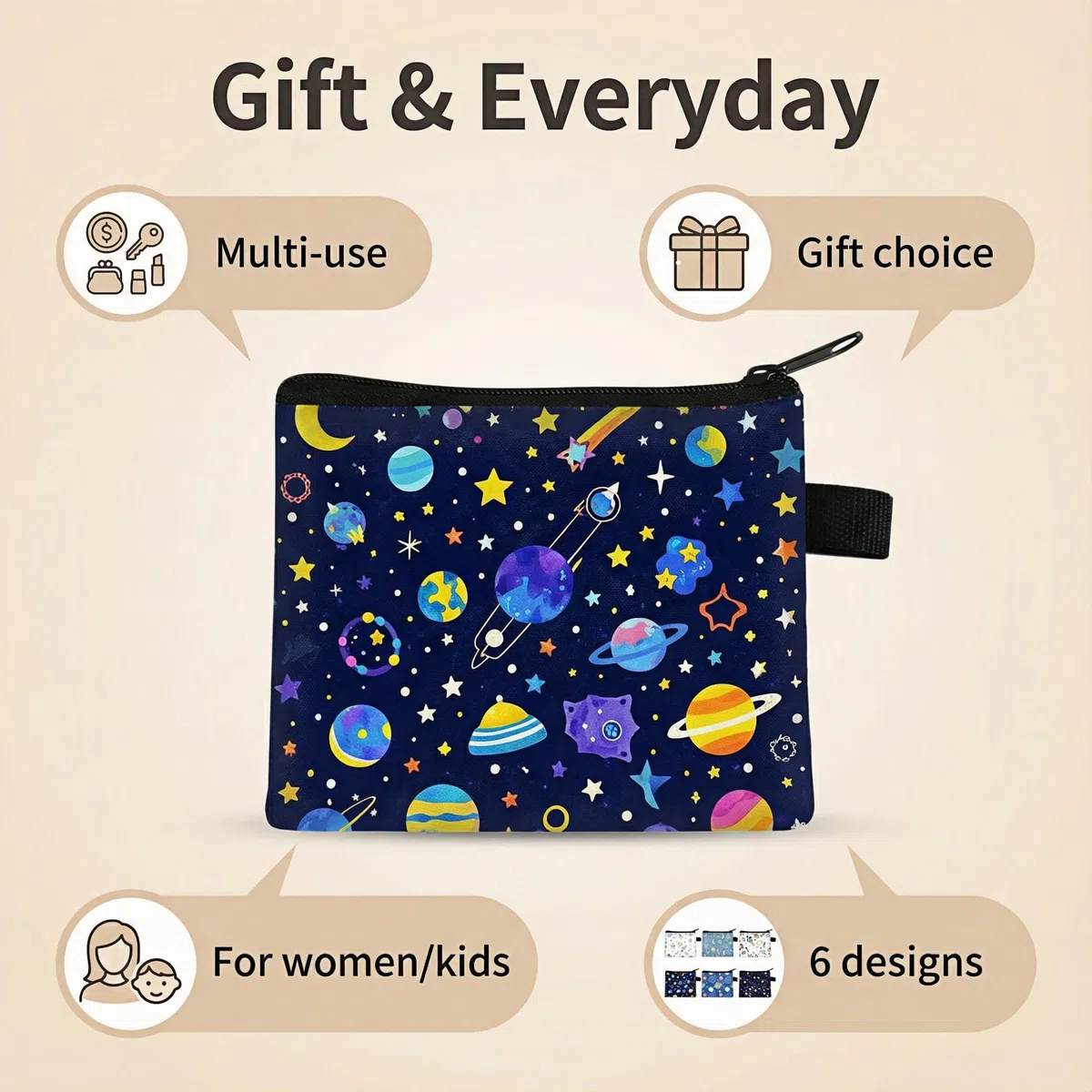 6 Pezzi Portamonete Bambini Spaziale con Cerniera, Mini Borsello Piccolo Portafoglio Multifunzione Portatile Coin Purse con Stampa Stelle e Pianeti per Monete, Chiavi, Auricolari