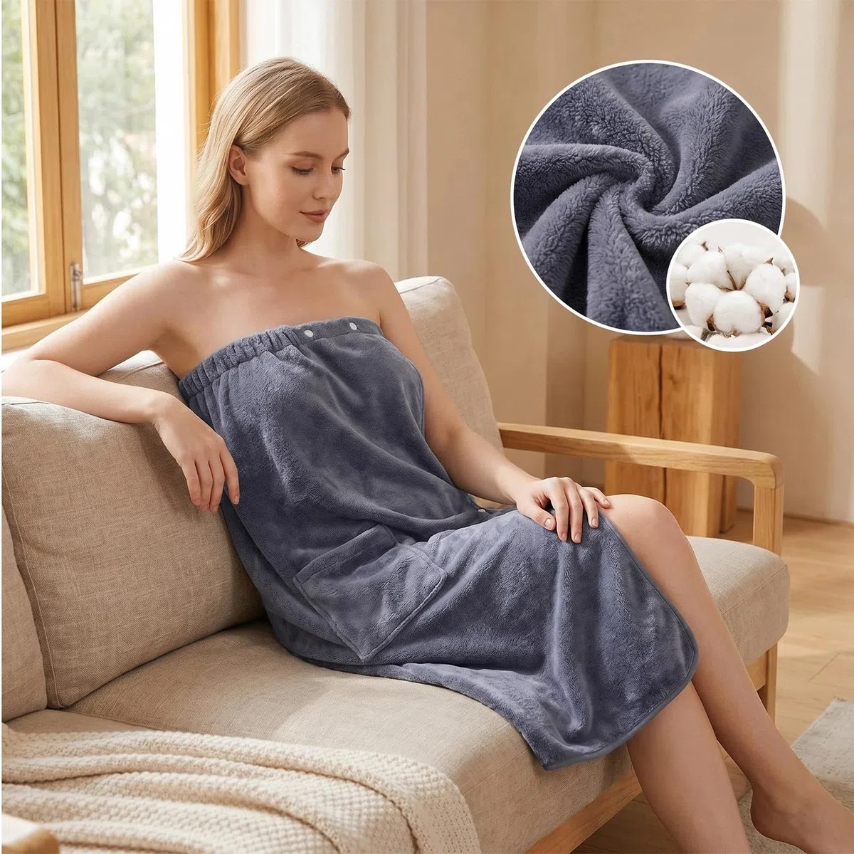 Kilt da Sauna Donna Morbido Sulla Pelle e Assorbente Asciugamano da Sauna con Bottoni Tasche e Elastico Accappatoio da Sauna Chiaro Accessorio Spa (Grigio)