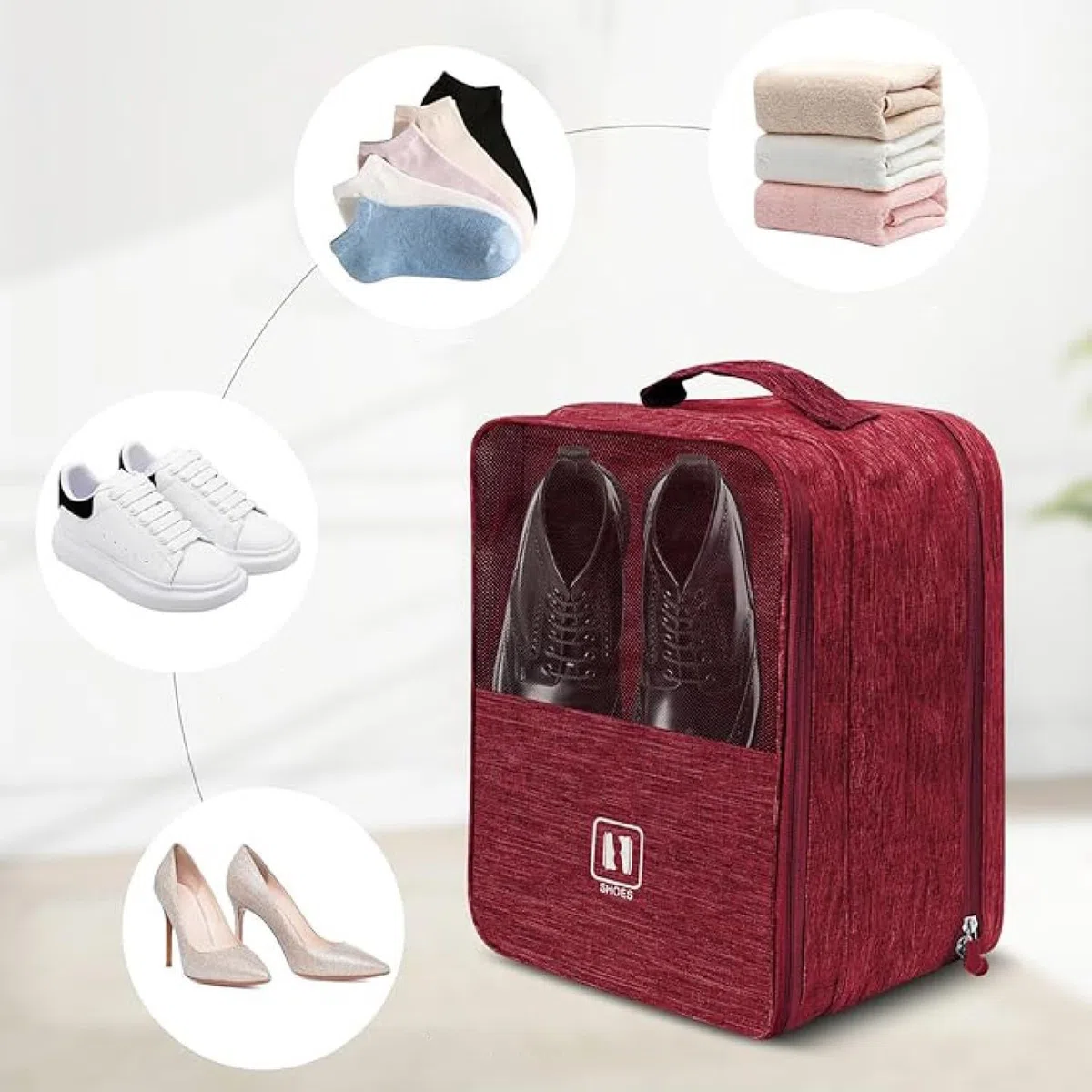 Borsa per Scarpe da Viaggio, Organizer Portascarpe per Sneaker, Sacchetti Portascarpe con Finestrella,Sacca Portascarpe per Casa, Trasparente Sacchetto per Scarpe Accessorio (rosso)