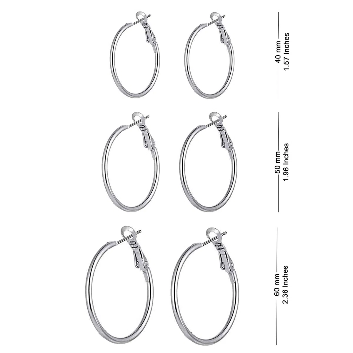Set di 3 paia di orecchini a cerchio in argento Sterling 925, grandi orecchini a cerchio senza frizione, da donna 40, 50 e 60 mm