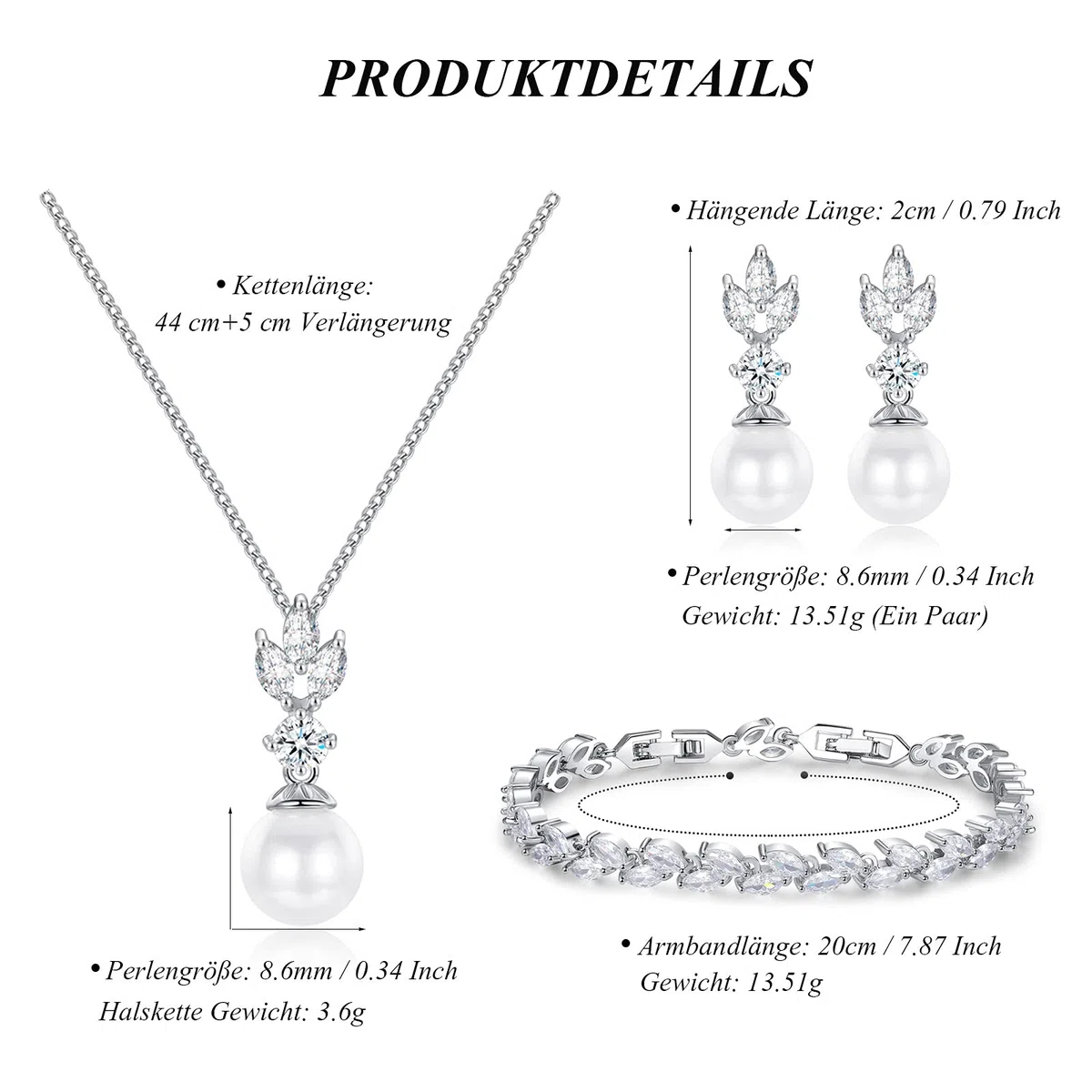 Parure di gioielli in argento 925 da donna, per matrimonio, composta di perle, orecchini, collana e bracciale, set di gioielli da sposa con zirconi scintillanti 5A in argento 925, ottimo regalo per sposa o damigella d'onore