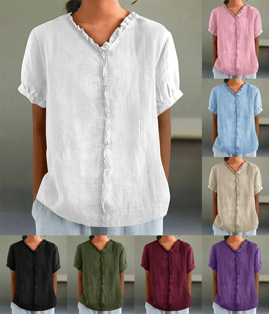 shownicer Camicia Donna Estiva Cotone Lino Camicetta Manica Corta Scollo a V Elegante Curvy Maglietta