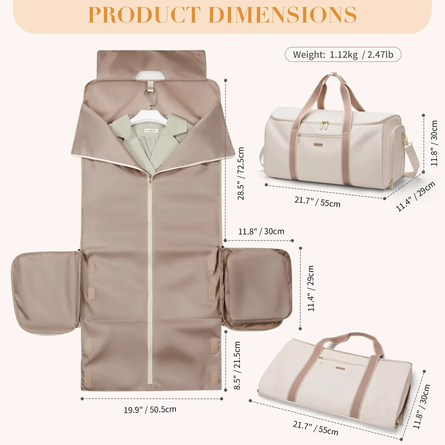Borsa da Viaggio Convertibile 2 in 1 Borsa Sportiva da Donna con Scomparto Scarpe Borsas Porta Abiti da Viaggio Borsas per Bagagli a Mano (Beige)