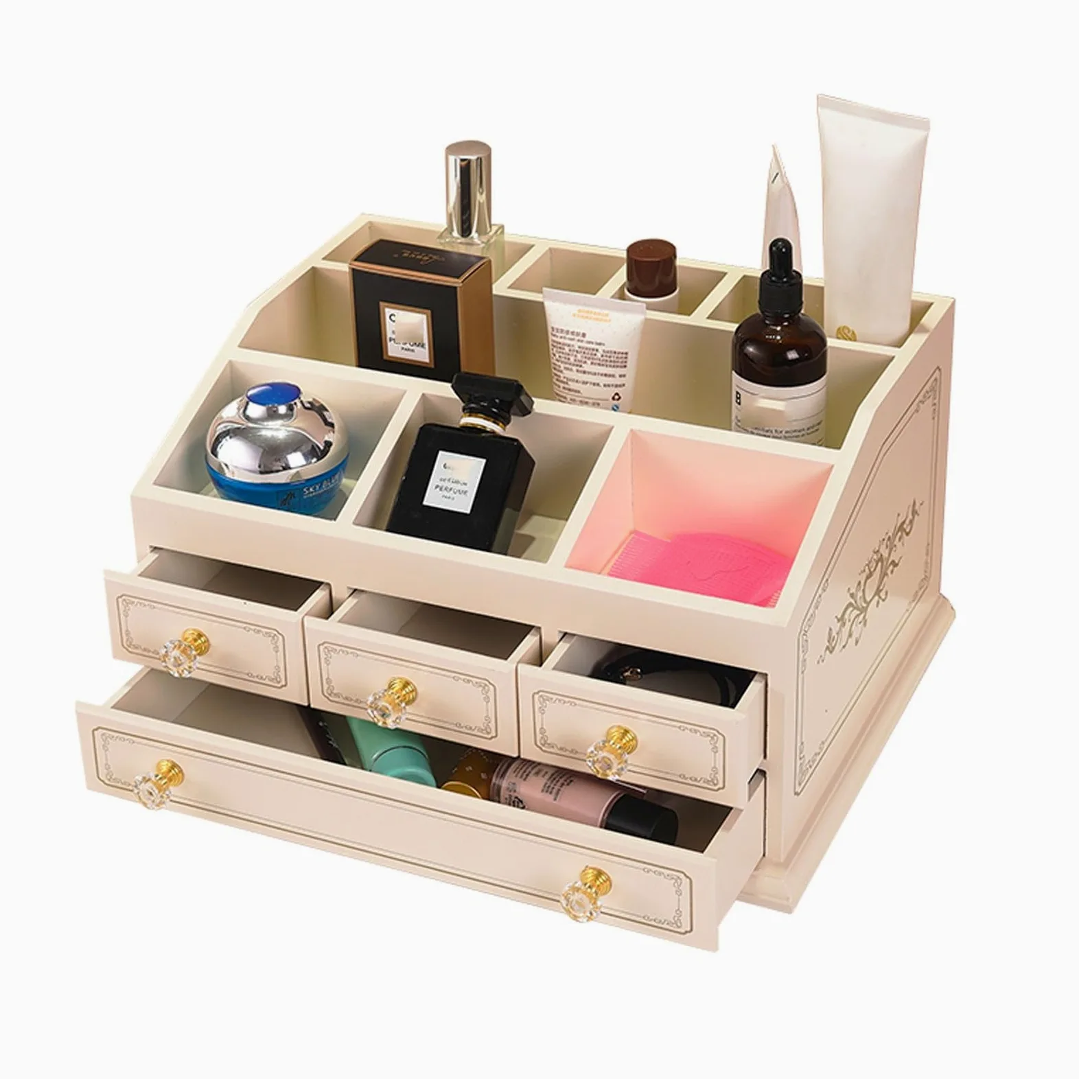 Beauty case in legno per trucchi, con 3 cassetti, organizer per cosmetici, porta pennelli da trucco per comò e bagno