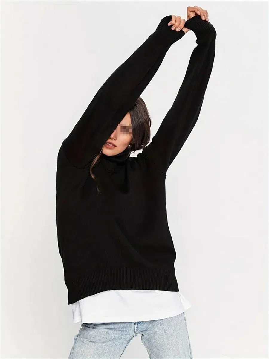 Maglione da donna a collo alto, a maniche lunghe, lavorato a maglia