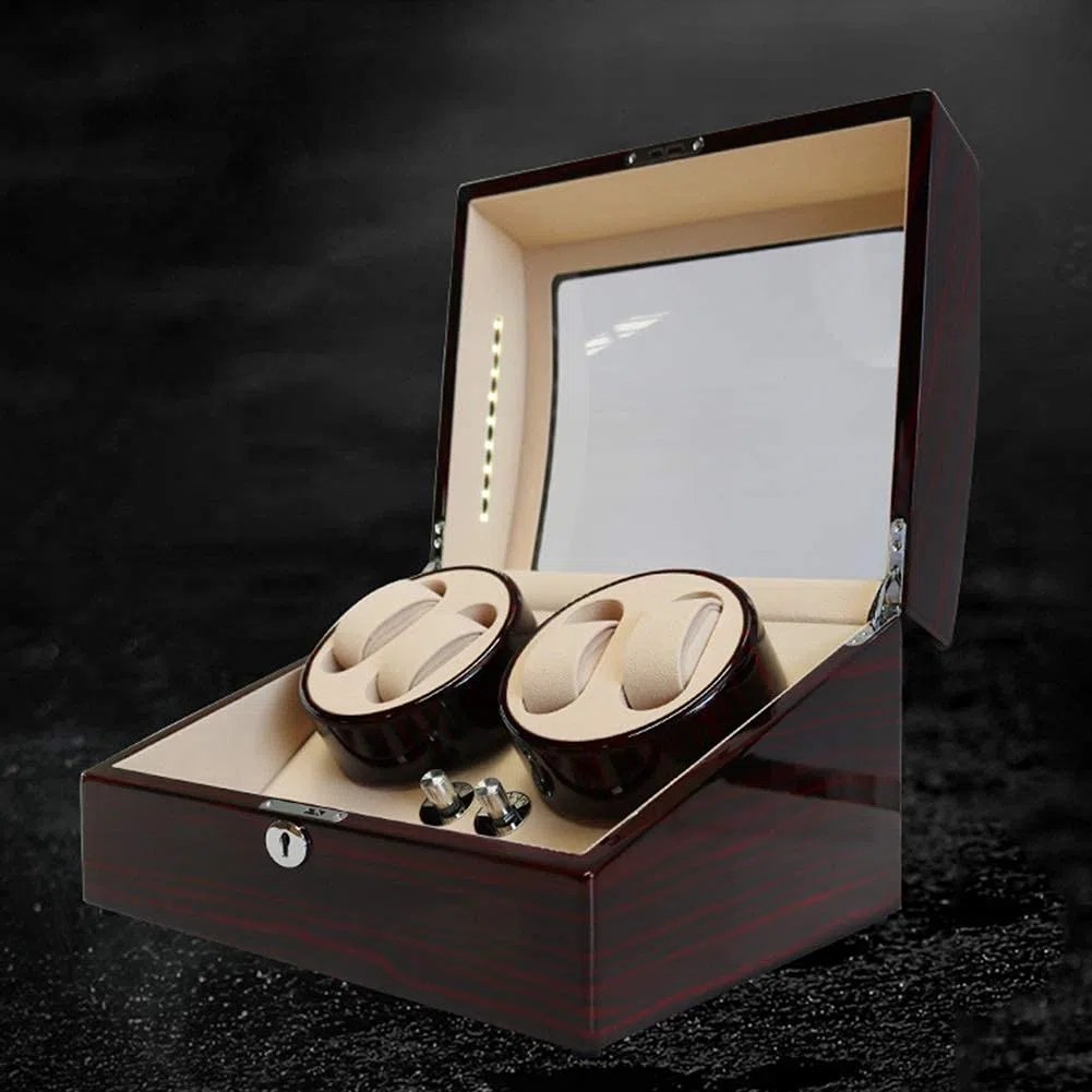 Caricatore Automatico per Orologi, per 4 Orologi + 6 Scomparti, Motore Silenzioso, verniciatura Esterna Effetto Pianoforte, Adattatore e Alimentazione a Batteria.