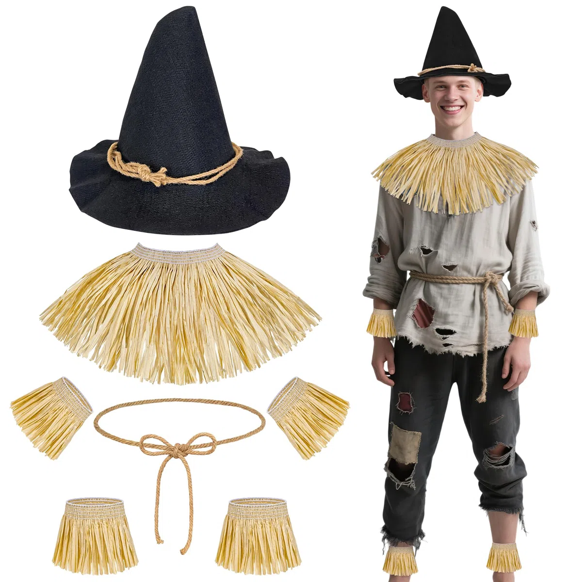 Horolam 7 Pezzi Accessori per Costume Da Spaventapasseri, Costume Da Mago Spaventapasseri Con Cappello per Adulti Donne Uomini per Halloween Cosplay Travestimento