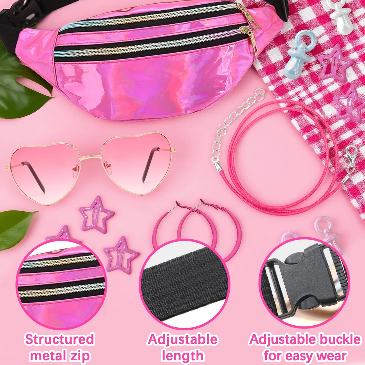 Outfit anni '90 da donna, 20 pezzi di accessori anni '90 con marsupio da donna, occhiali a cuore, orecchini, fermaglio a stella, catenina rosa con ciondolo per accessori hippie, outfit da festival e