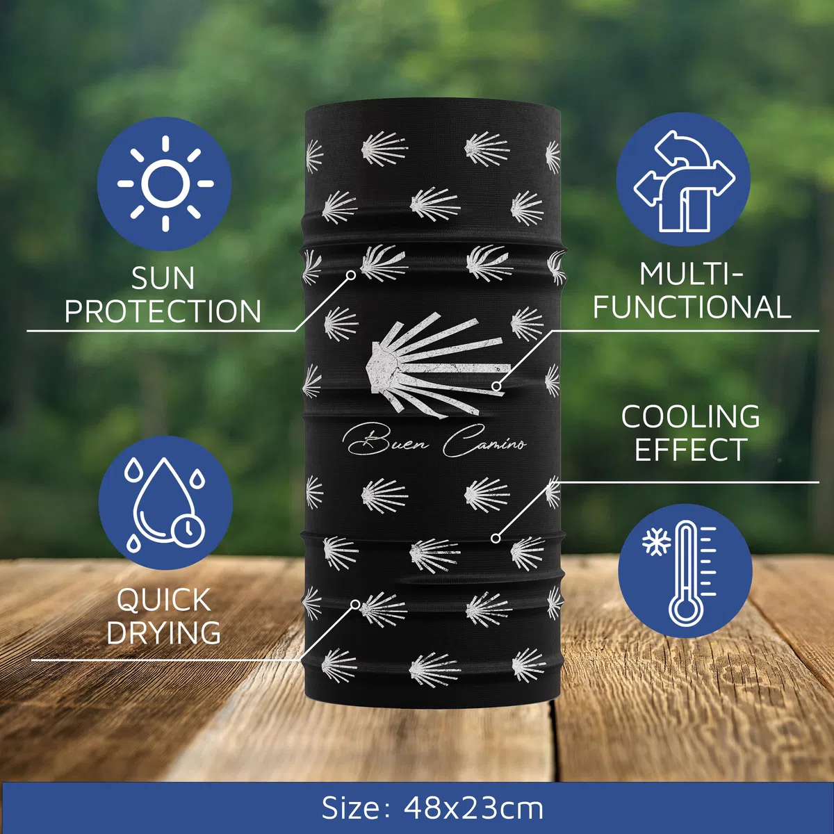 Buen Camino Scaldacollo Multifunzionale – nero/bianco, tubolare ultraleggero per il Cammino di Santiago, bandana con effetto rinfrescante, ad asciugatura rapida, senza cuciture, traspirante