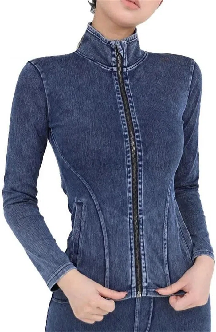 Top da donna in denim a maniche lunghe elasticizzato con cerniera intera, vestibilità aderente, con tasche, casual, con cerniera, abbigliamento sportivo per palestra e yoga, Blu scuro, XXL
