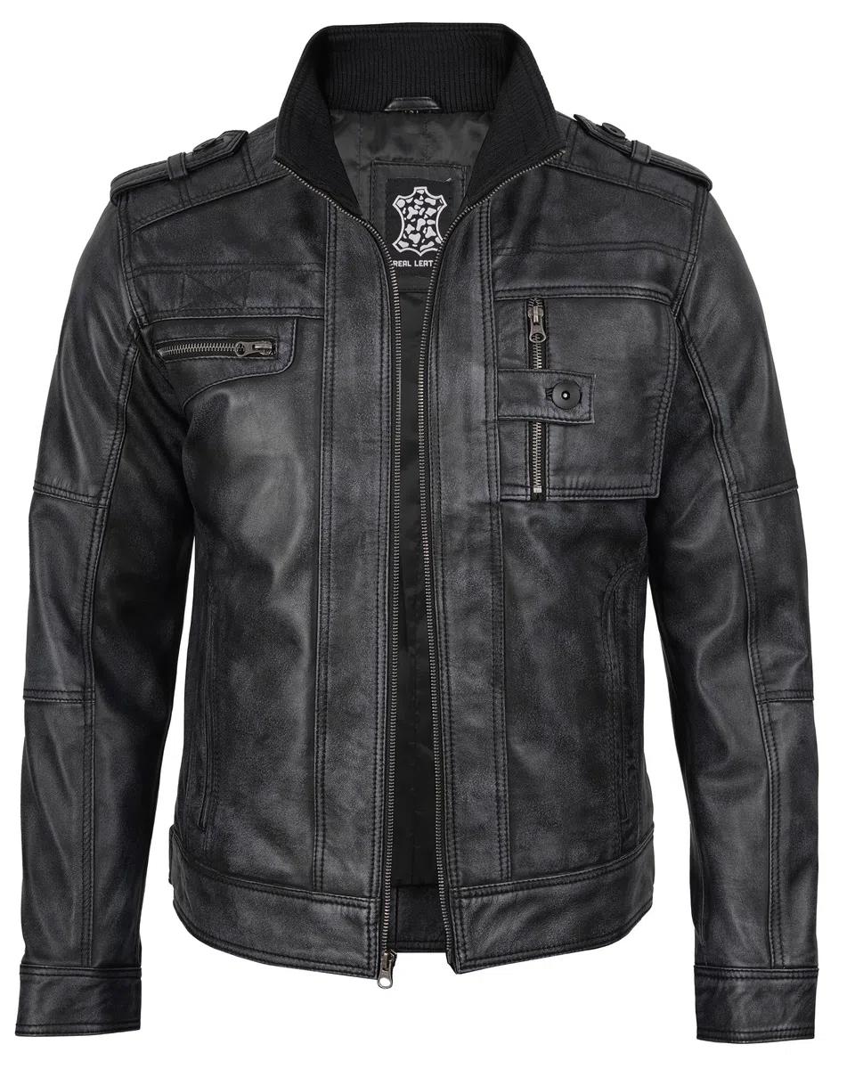 fjackets Cafe Racer Giacca in pelle da uomo - Vera pelle di agnello naturale grana giacche stile moto per uomo