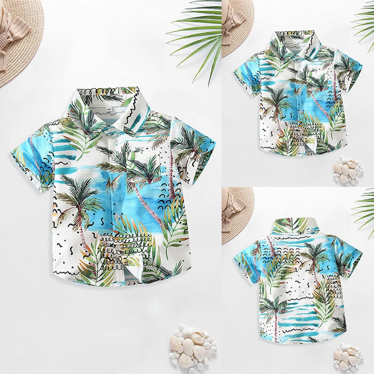 Camicie hawaiane per ragazzi Camicia con bottoni a maniche corte estiva spiaggia tropicale stampato camicie casual per bambini albero di cocco divertente top A15