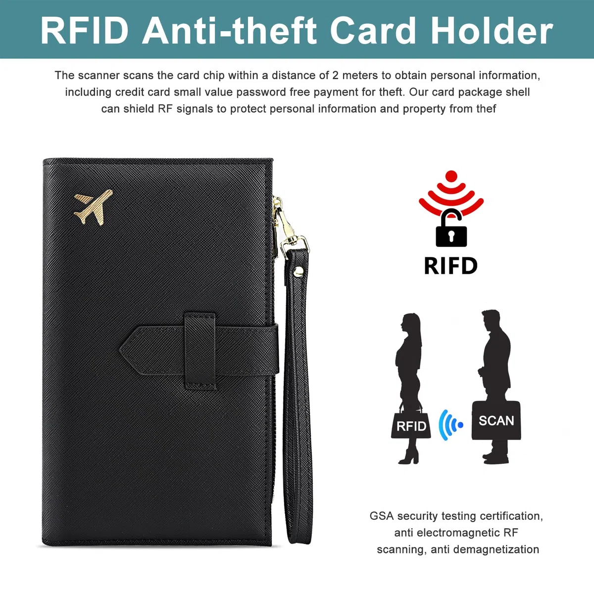 Porta passaporto da viaggio con blocco RFID – Custodia portatile nera per passaporto, impermeabile porta documenti viaggio per carte d’identità, carte di credito e documenti