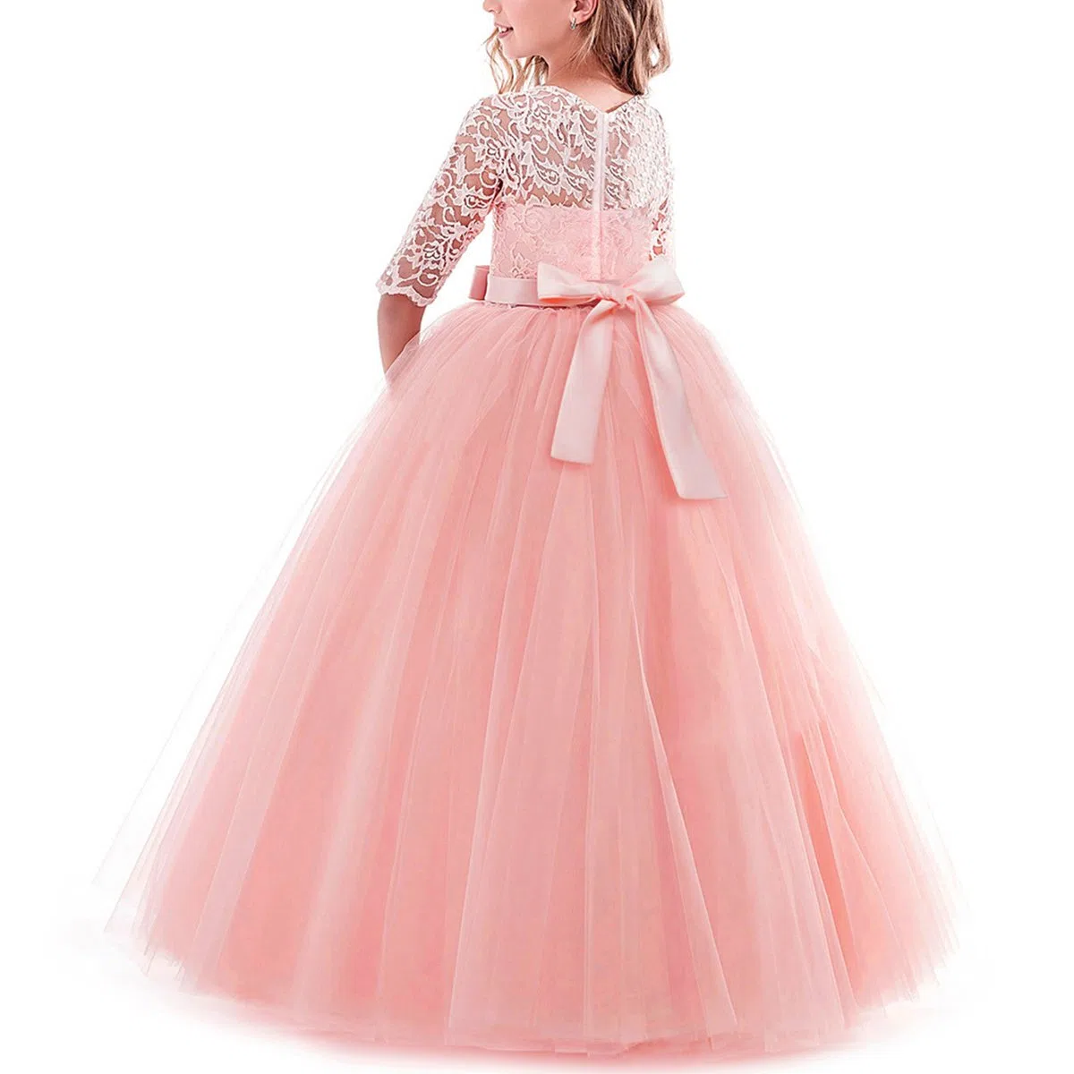 Abito da sposa con maniche a 3/4 in pizzo per damigelle d'onore prima comunione festa serale abito lunghezza pavimento vestito per bambini principessa concorso compleanno ballo ballo di carnevale