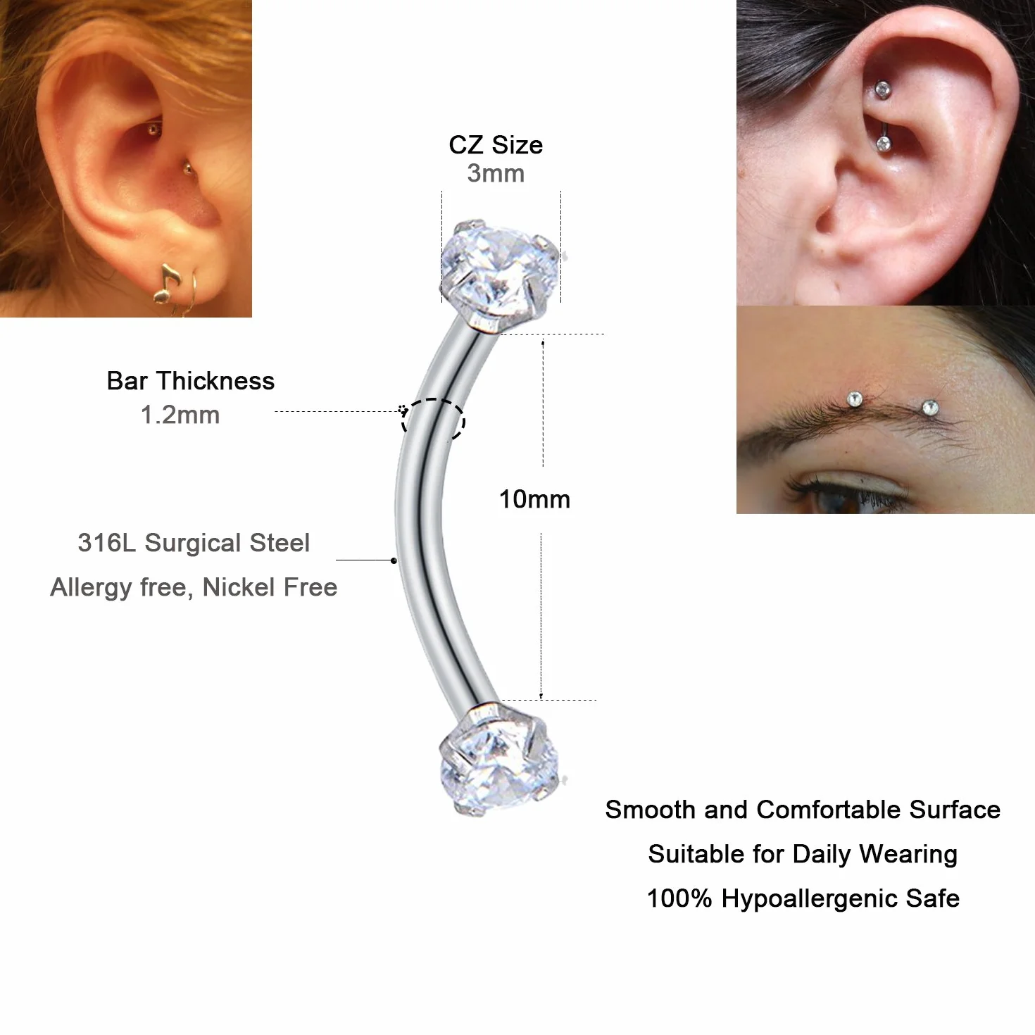 MODRSA Acciaio Chirurgico Piercing 16G - Labbro, Sopracciglia, Ombelico, Anello Helix, Cartilagine Orecchini, Bananen Bar - 6 Pezzi Curvo Barbell