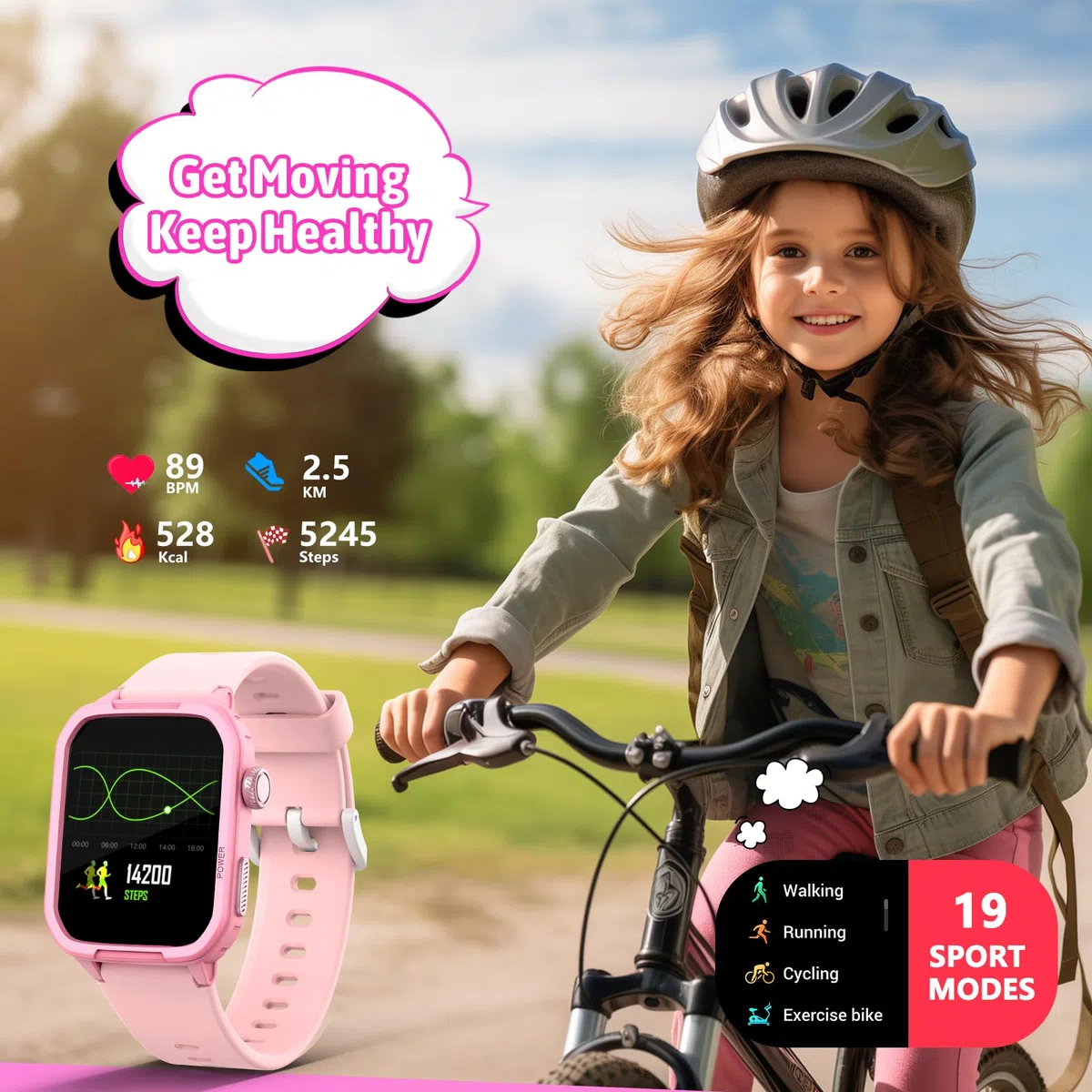 JOYELE Smartwatch Bambini, Fitness Tracker Orologio Bambina, Impermeabile Orologio Ragazza e Ragazzo con 19 Sportive, Contapassi, Sveglia, Orologio Intelligente per Bambini 3-16 Anni Regalo (Rosa)
