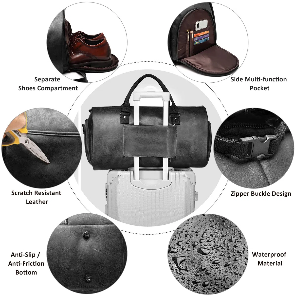Borsa porta abiti da viaggio in pelle convertibile da uomo con scomparto per scarpe, impermeabile, perfetta per viaggi d'affari/regali per marito, Nero