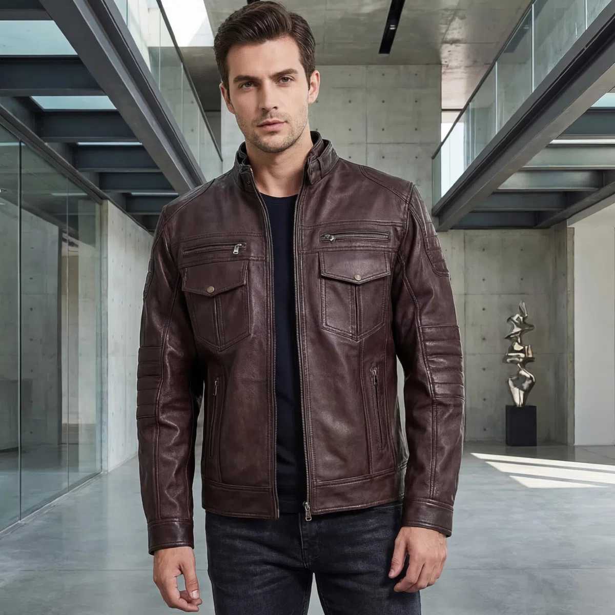 Giacca in pelle da uomo Cafe Racer stile moto tinta unita Slim Fit giacca in pelle marrone moto motociclista Cafe Racer