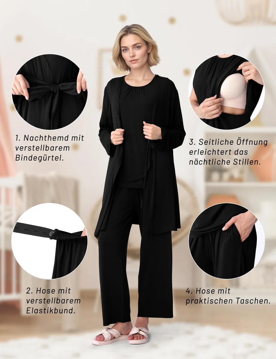 SUNNYBUY Pigiama da allattamento da donna, 3 pezzi, con top, pantaloni e vestaglia, ideale per gravidanza, letto settimanale e clinica