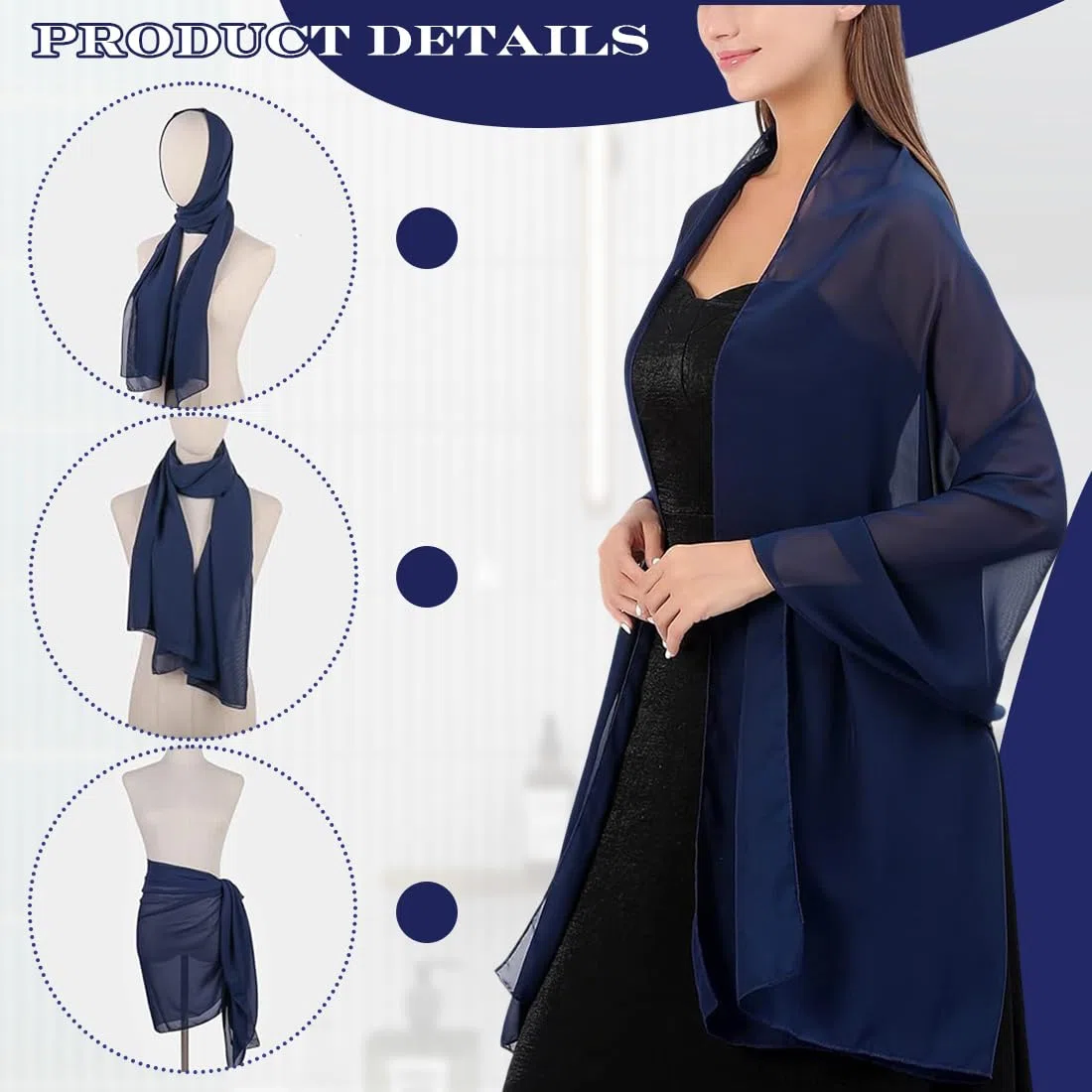 1 Pezzo Donna Stola Sciarpa In Chiffon Stola Per Abiti Da Sposa Abiti Da Sera Abbigliamento Quotidiano Sciarpe & Scialli Per Donna Mantello Elegante Blu Navy
